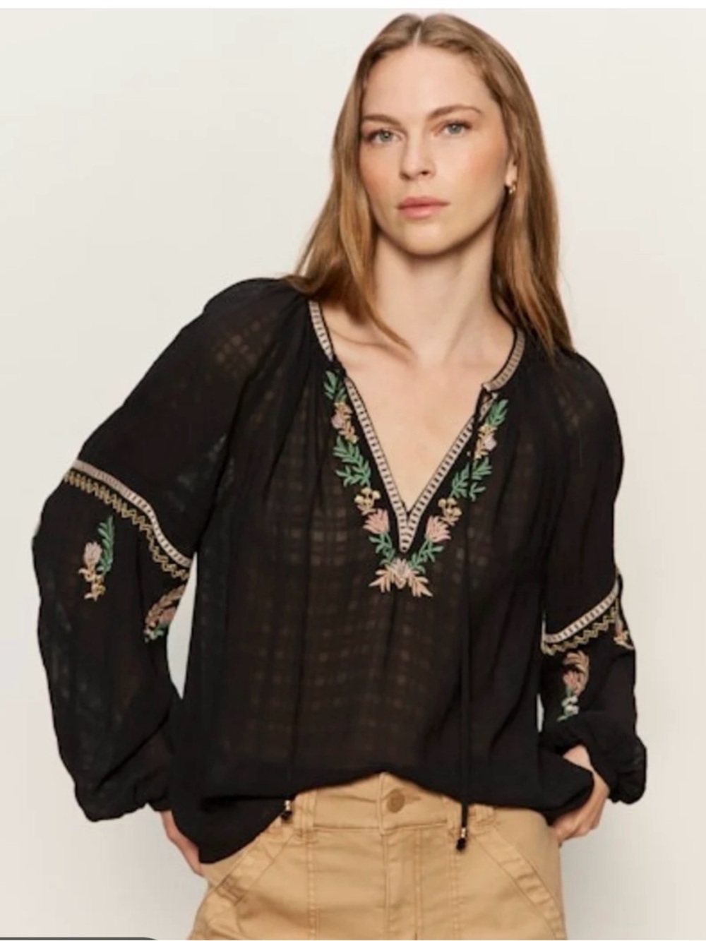 Sanctuary Black Embroidered V-Neck Peasant Blouse